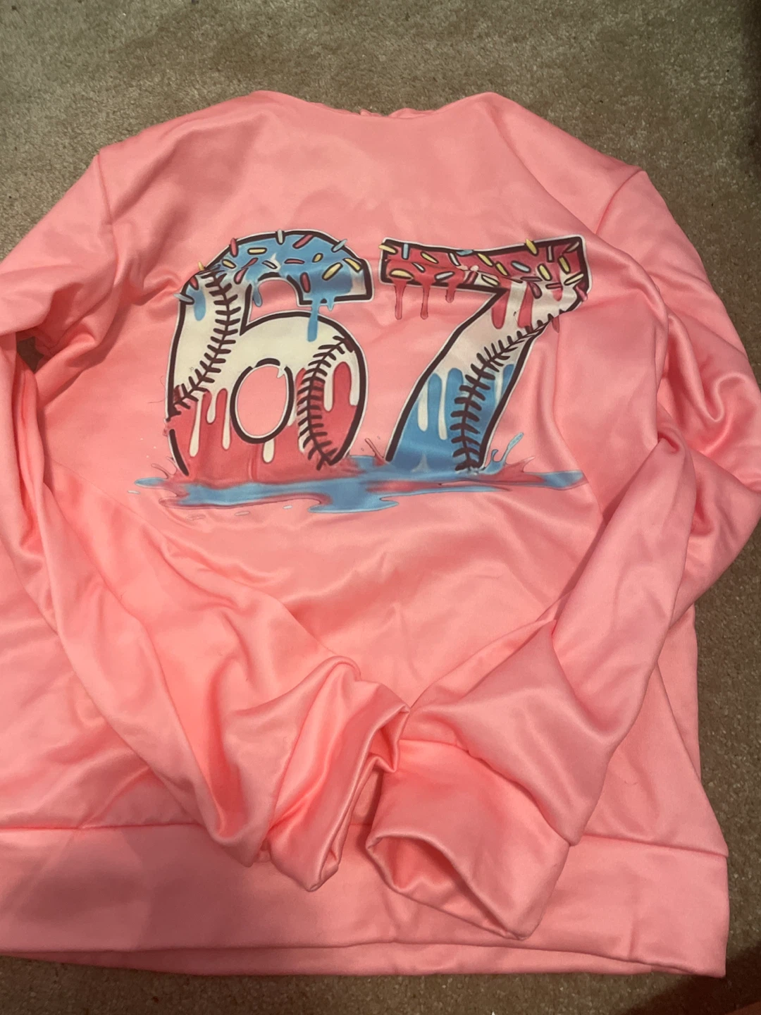Pink Hoodie with "67" Donut Baseball Graphic - photo 3