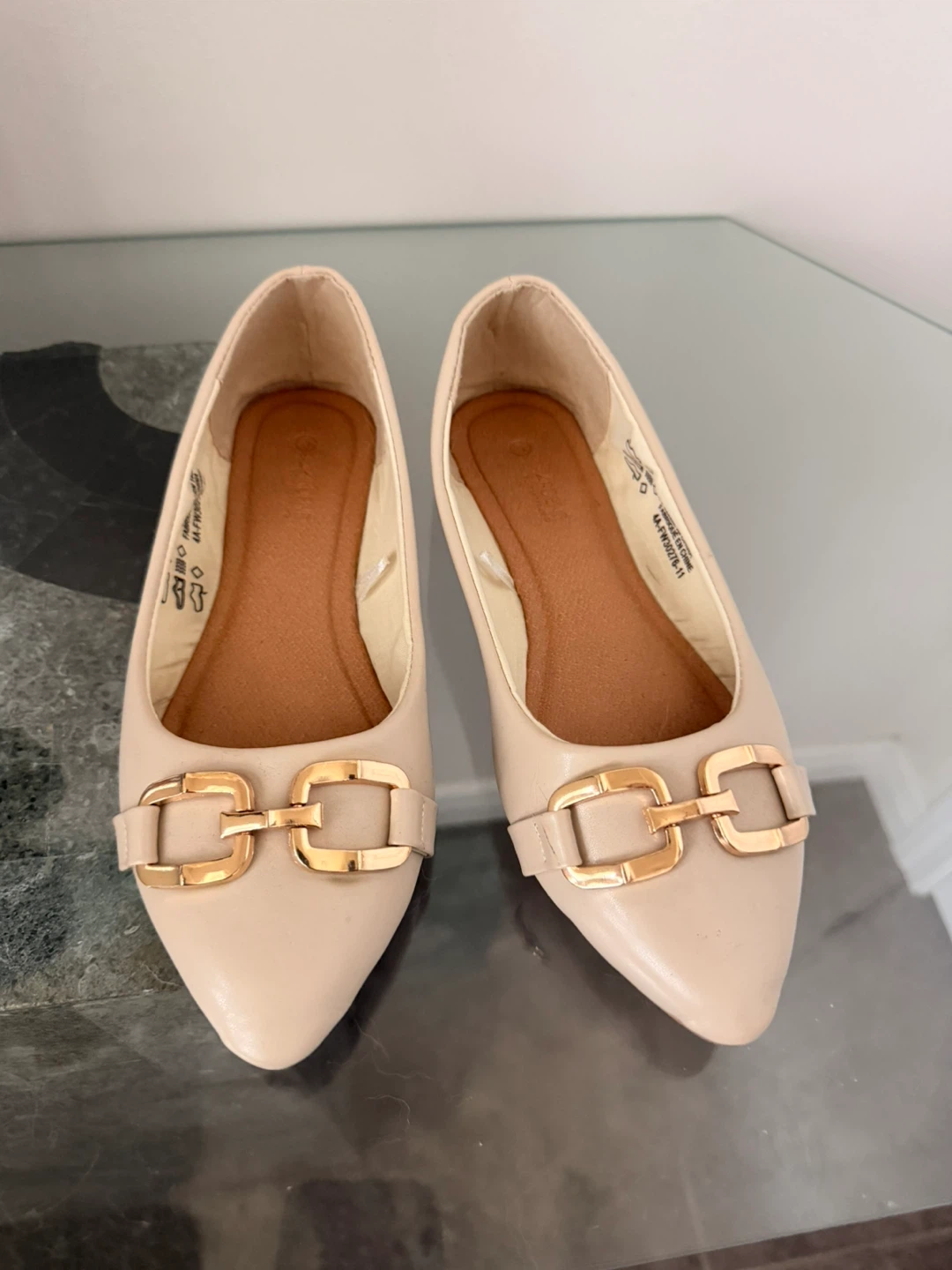 Beige Flats with Gold Buckle size 6