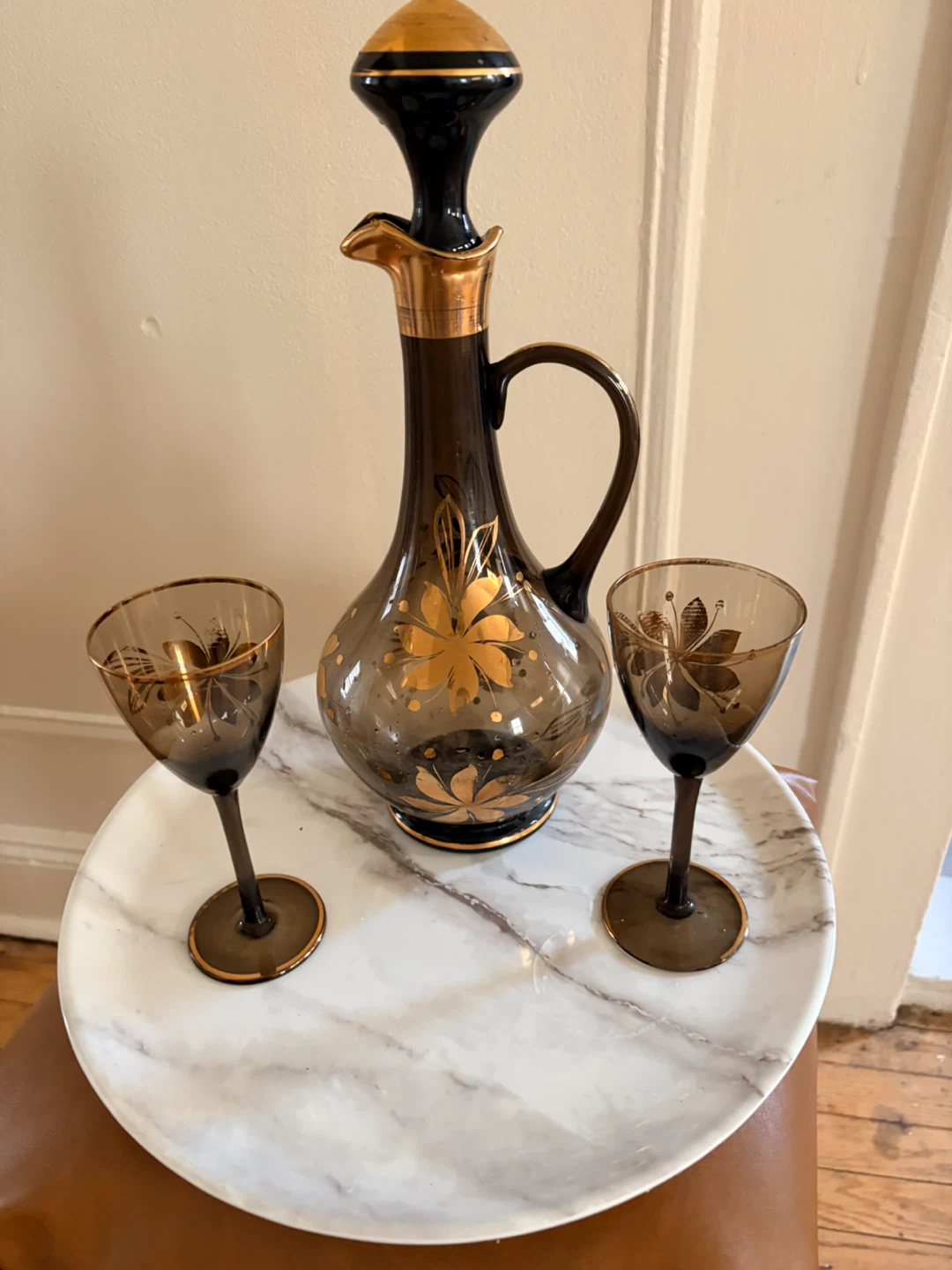 Vintage Amber Glass Decanter Set with 2 Glasses