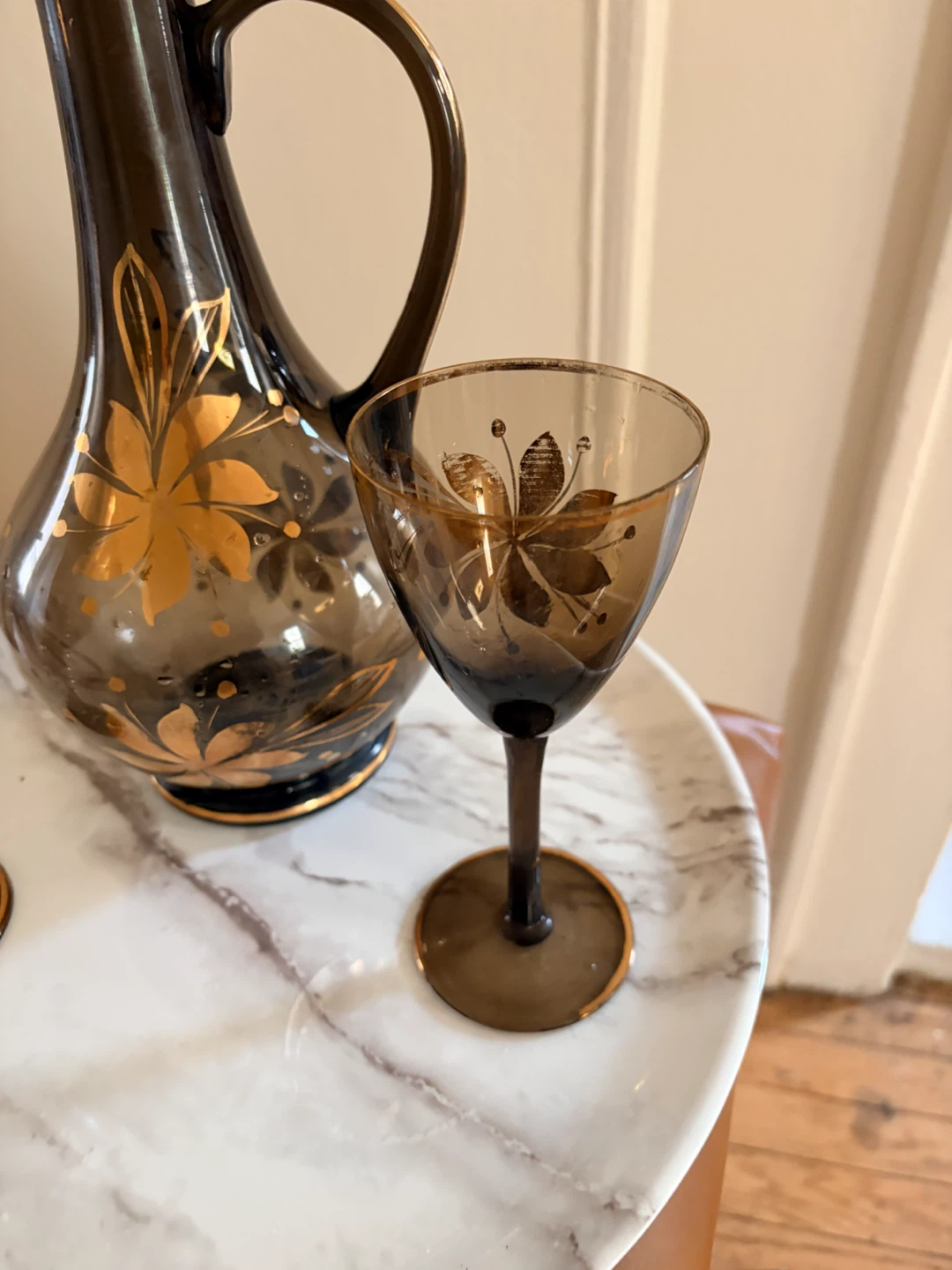 Vintage Amber Glass Decanter Set with 2 Glasses - photo 2