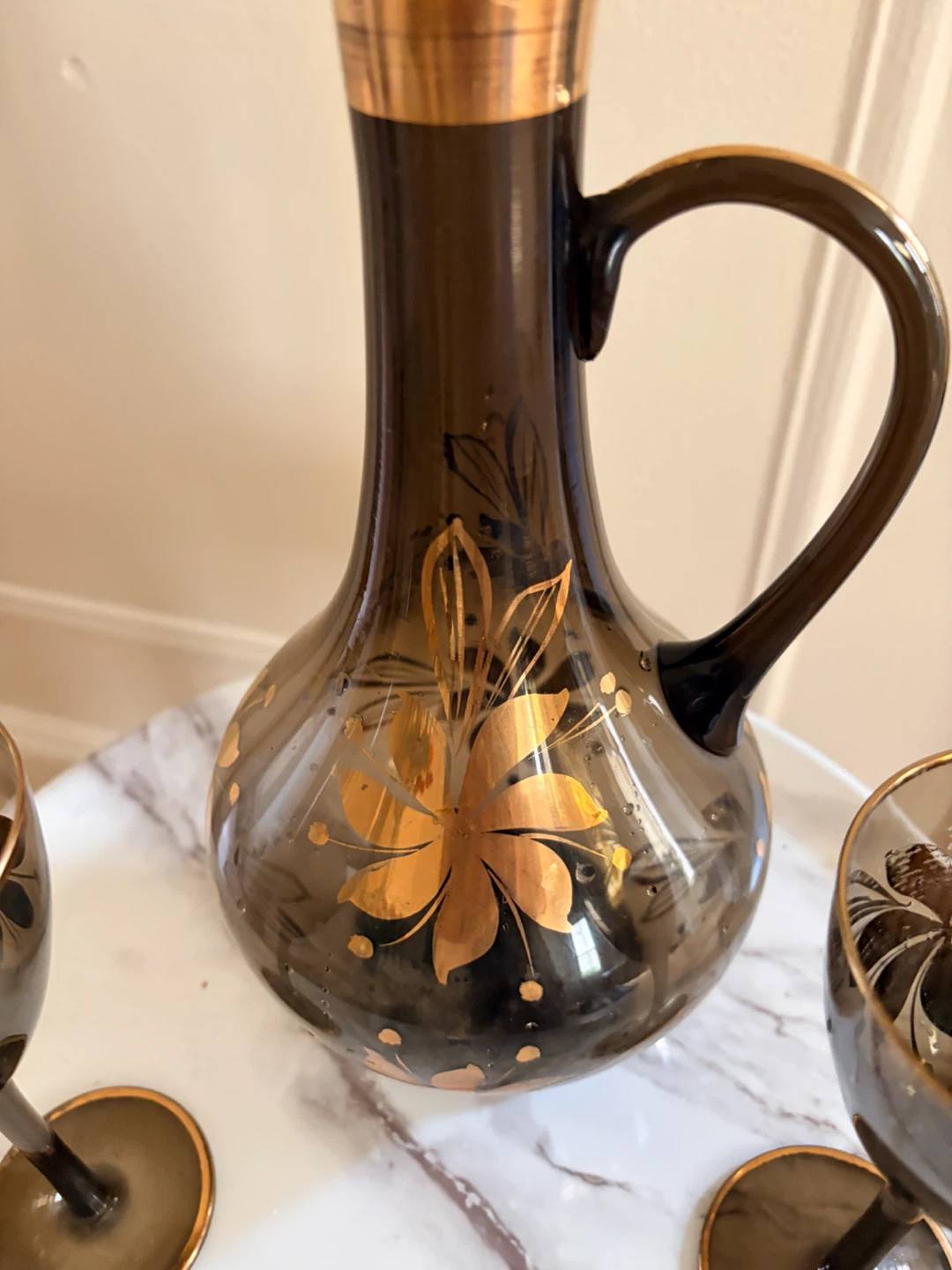 Vintage Amber Glass Decanter Set with 2 Glasses - photo 3