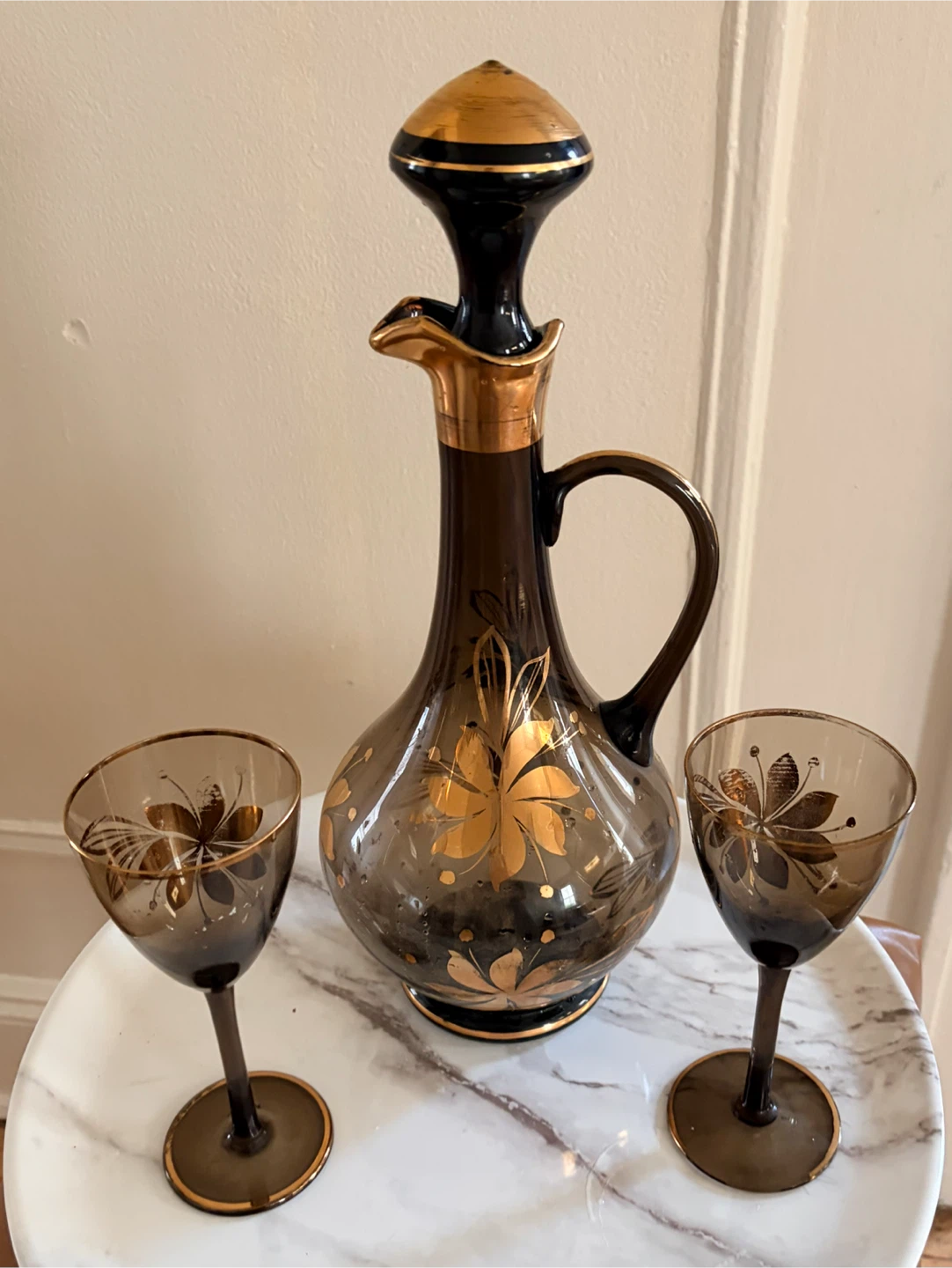 Vintage Amber Glass Decanter Set with 2 Glasses - photo 4