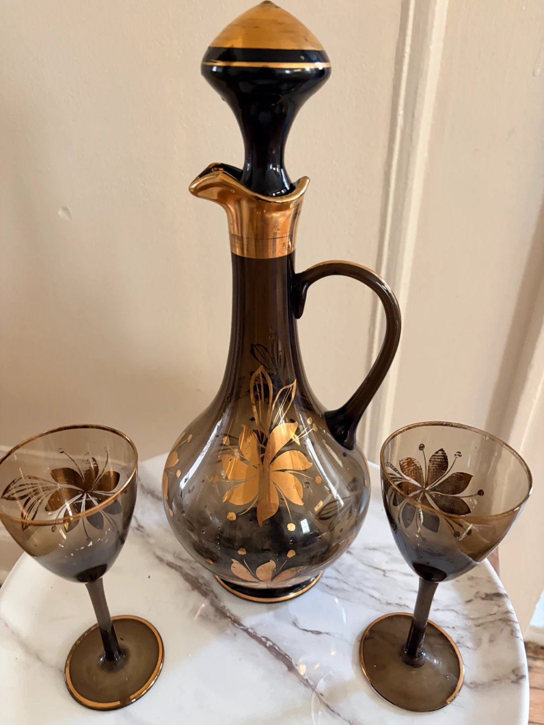 Vintage Amber Glass Decanter Set with 2 Glasses - photo 5
