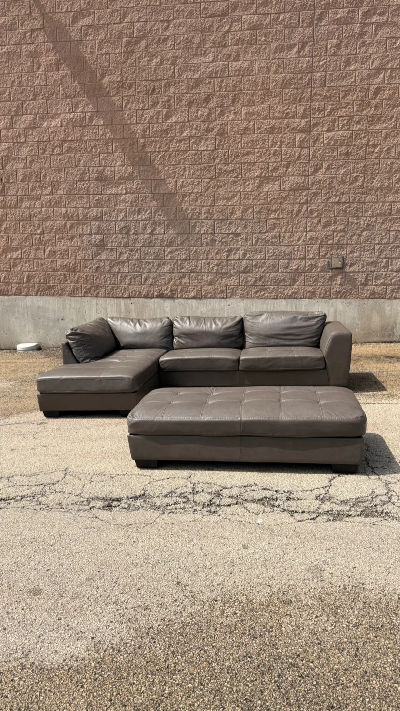 Gray Leather Sectional Sofa with Ottoman