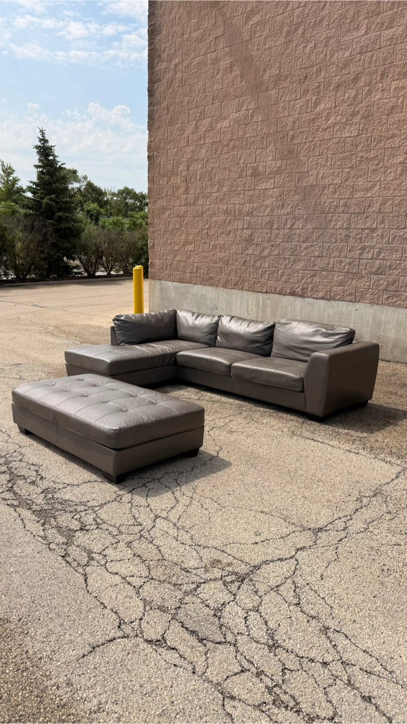 Gray Leather Sectional Sofa with Ottoman - photo 2
