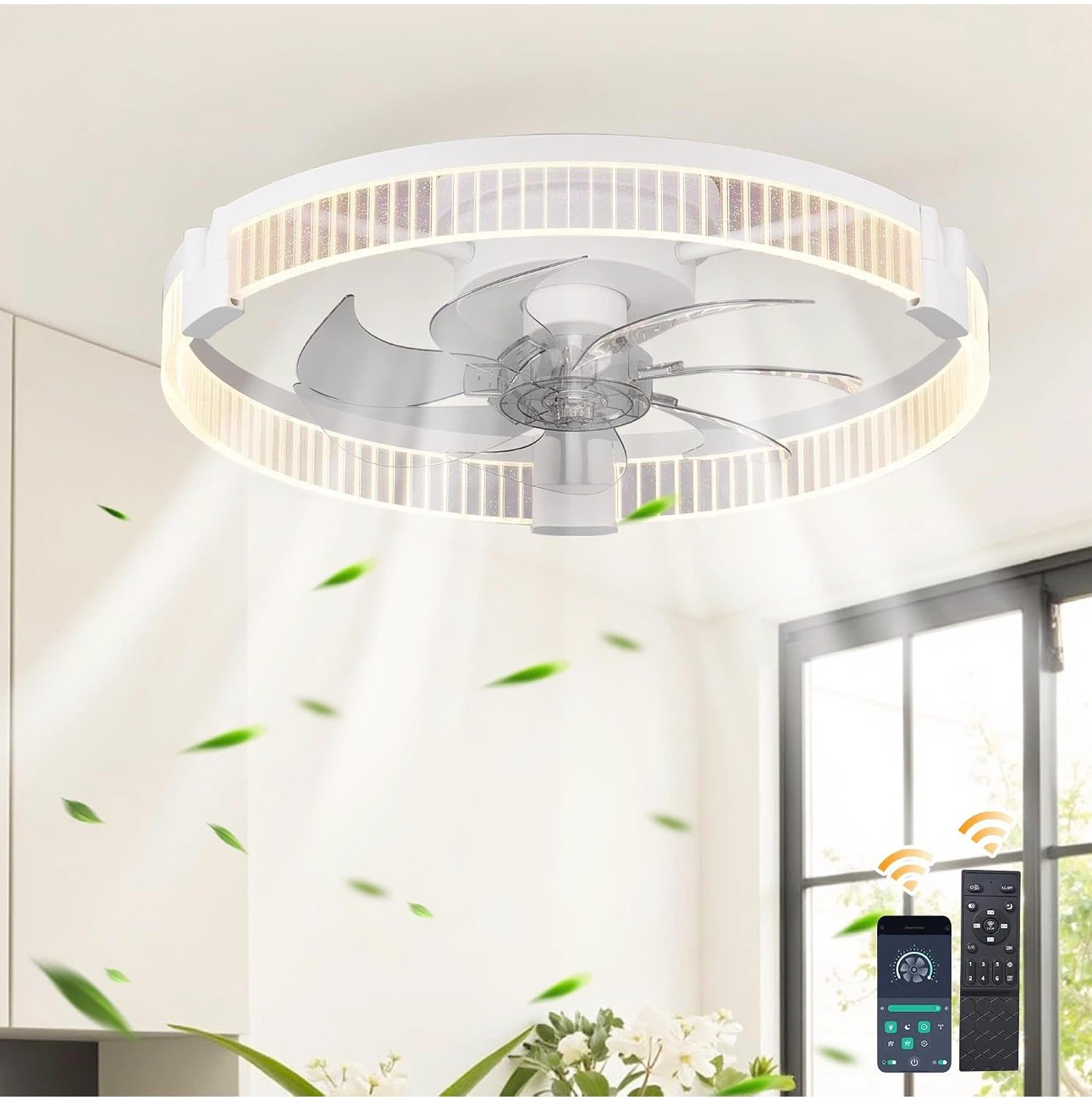 Crystal Like Design White Ceiling Fan with Light