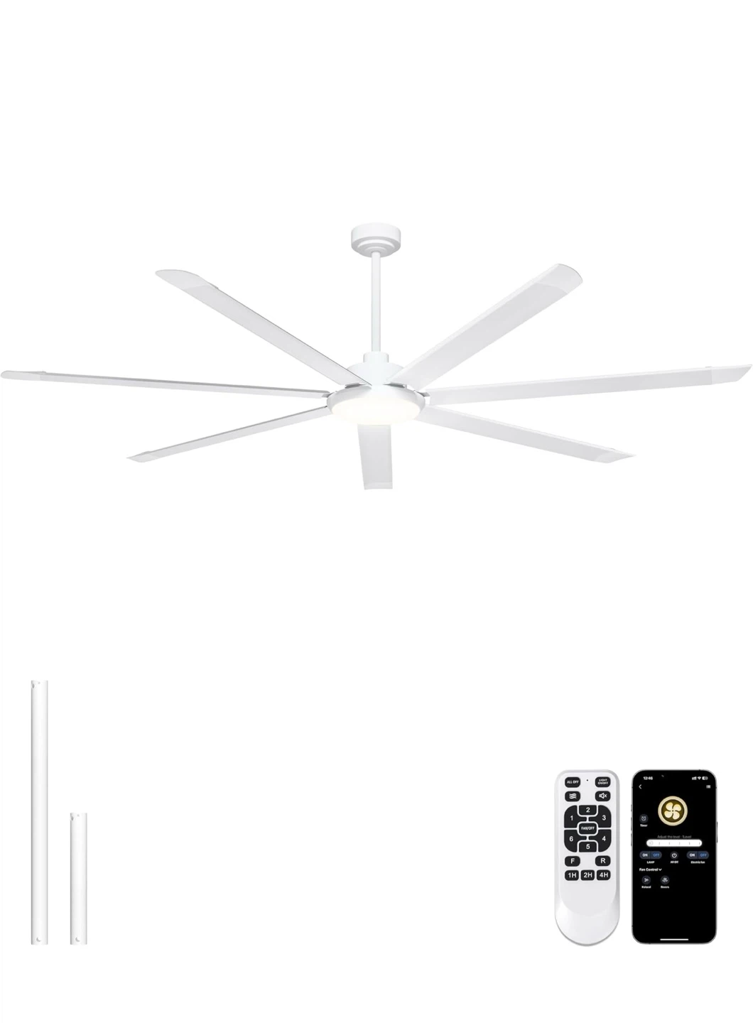 Massive 84 Inch White Aluminum Ceiling Fan with Light and Remote