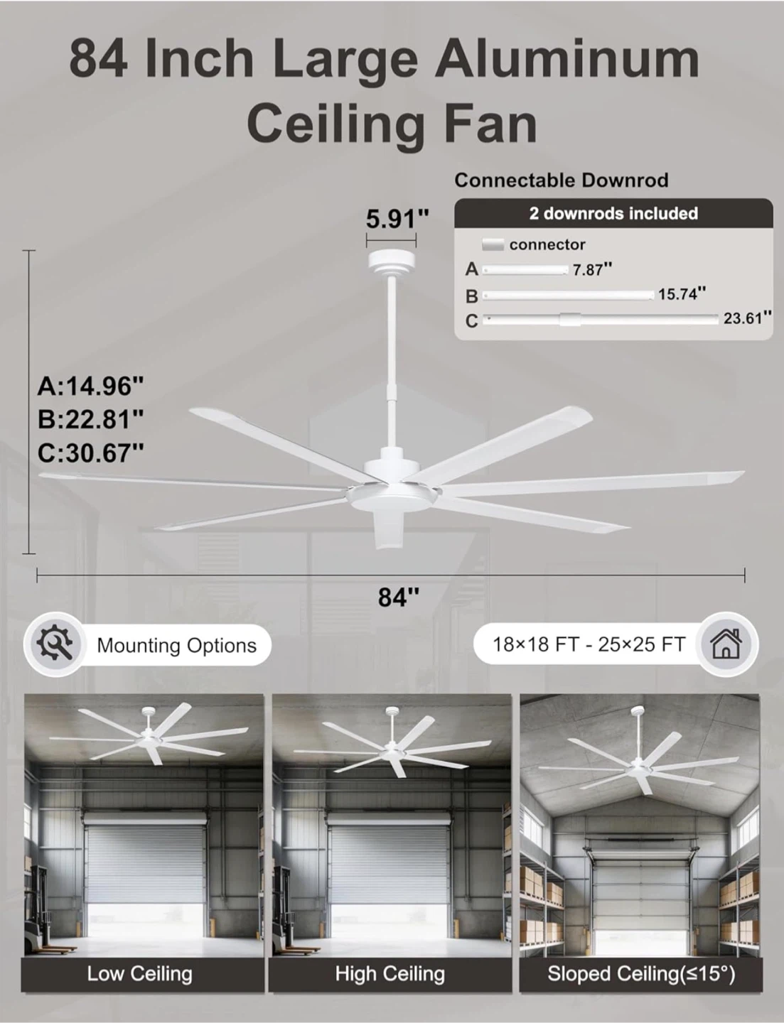 Massive 84 Inch White Aluminum Ceiling Fan with Light and Remote - photo 4