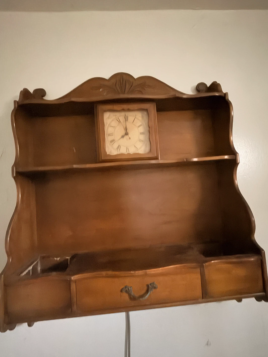 Vintage Wooden Wall Shelf with Clock