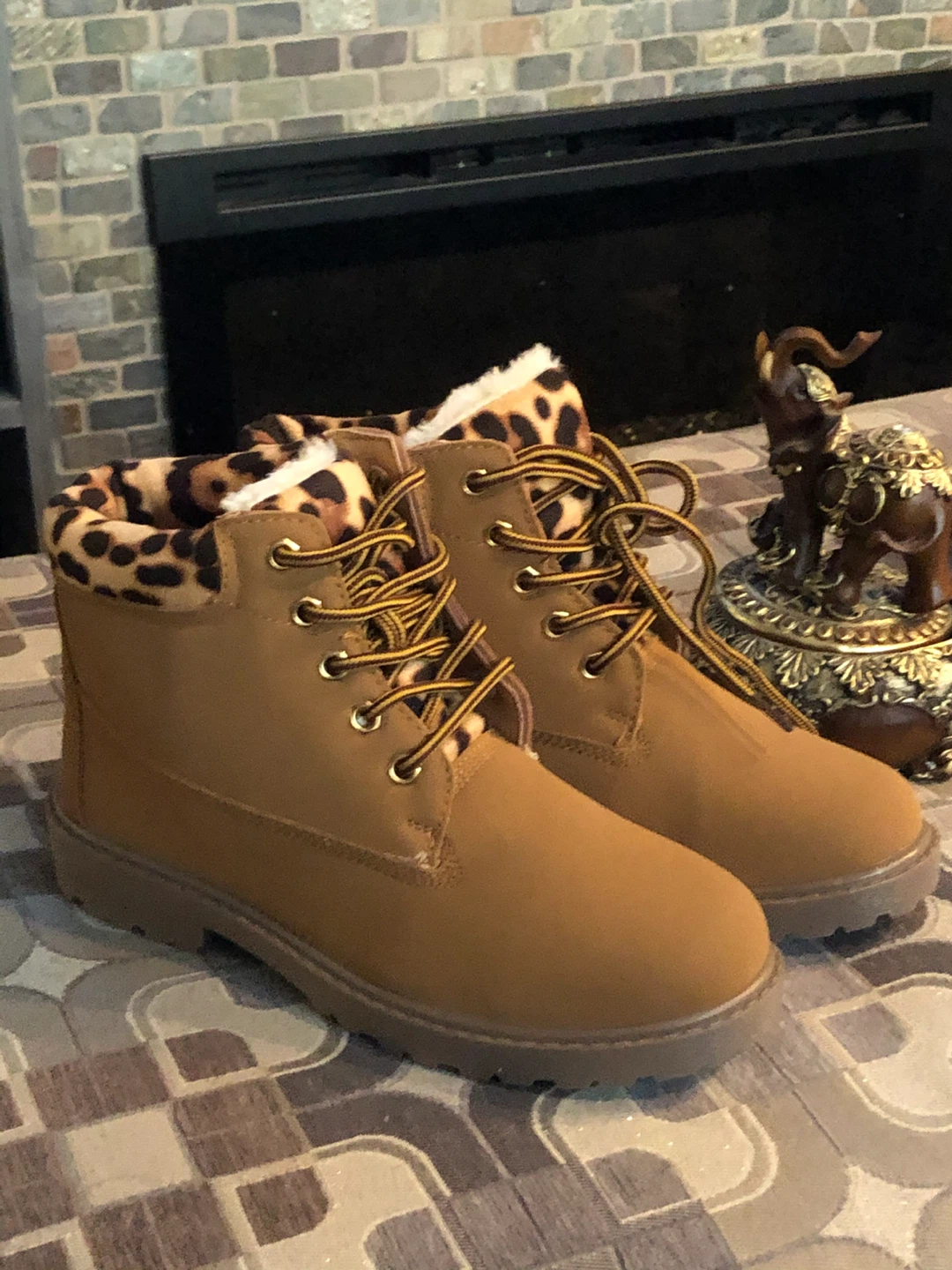 Brown Leopard Print Lined Lace-Up Boots