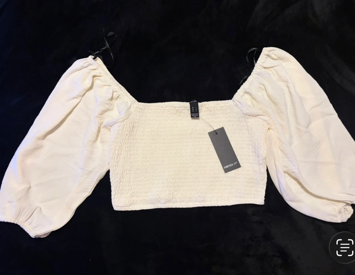 Beautiful Cream Smocked Puff Sleeve Crop Top