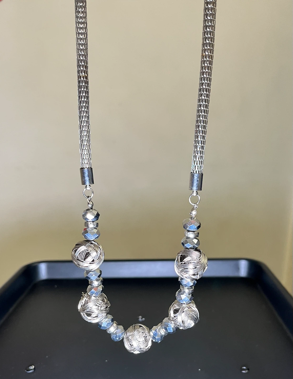 Silver Tone Statement Necklace with Beaded Accents