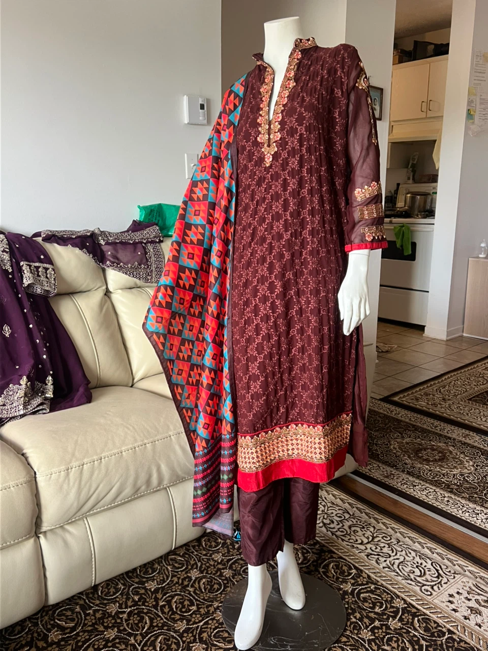 Maroon Embroidered 3-Piece Suit with Printed Dupatta