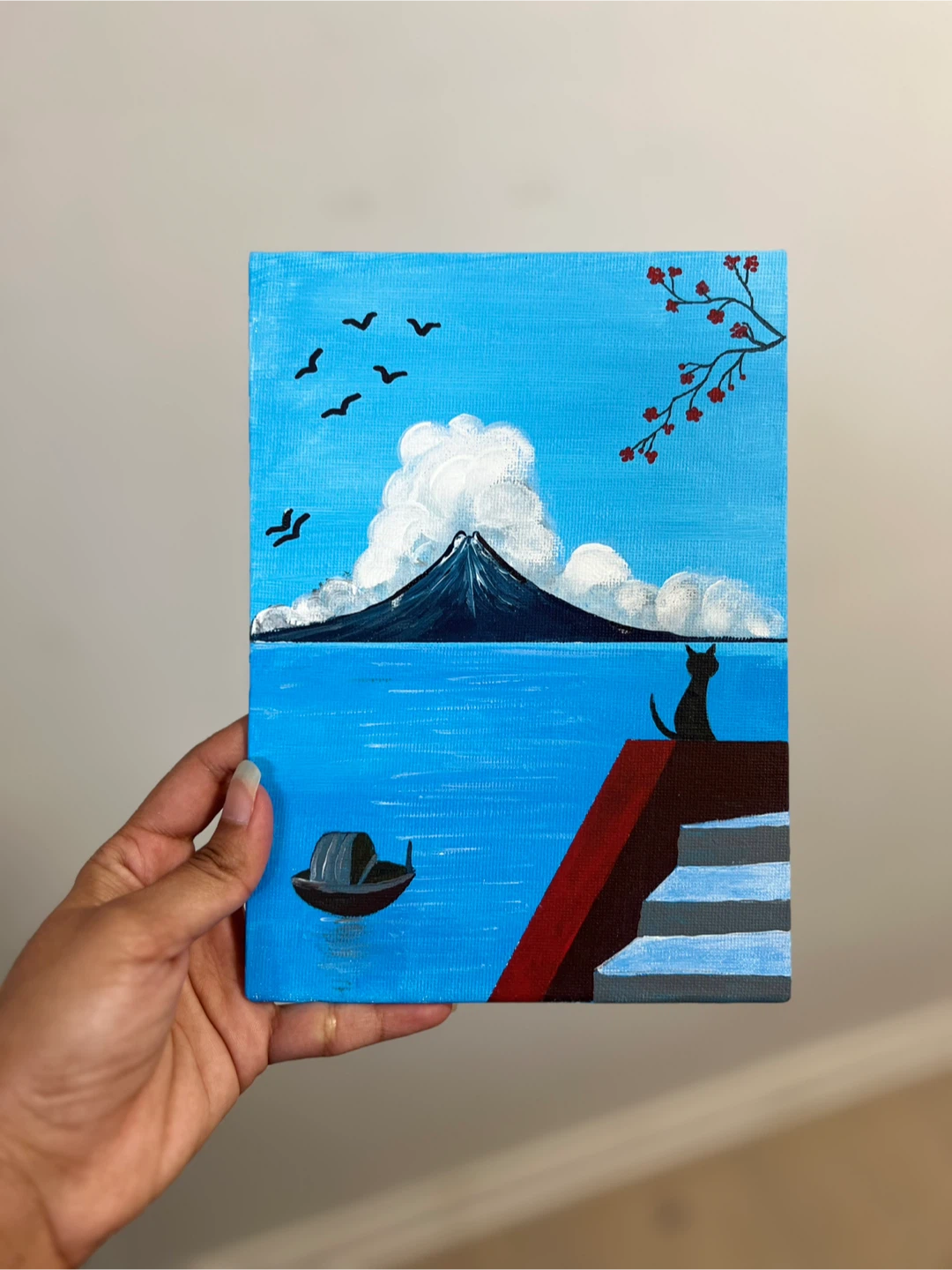 Acrylic Painting - Mountain and Cat Scenery
