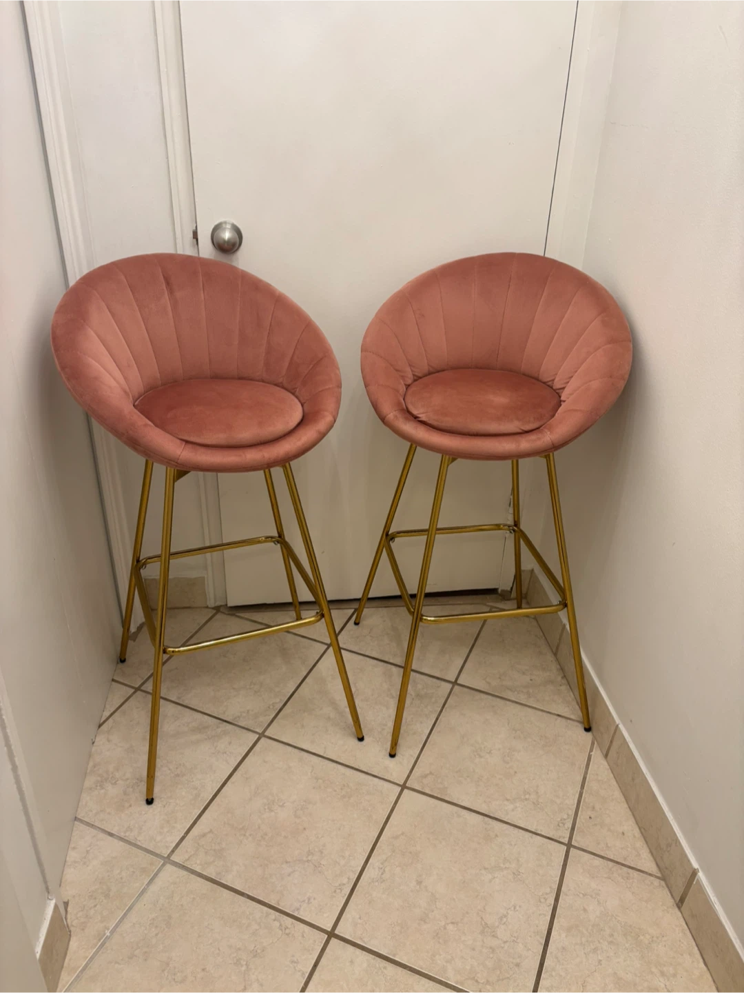 MOVING - 2x Pink Velvet Swivel Gold Bar Stools
