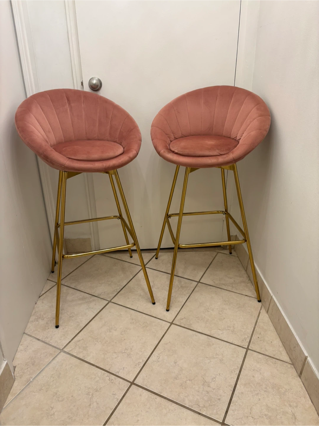 MOVING - 2x Pink Velvet Swivel Gold Bar Stools - photo 2