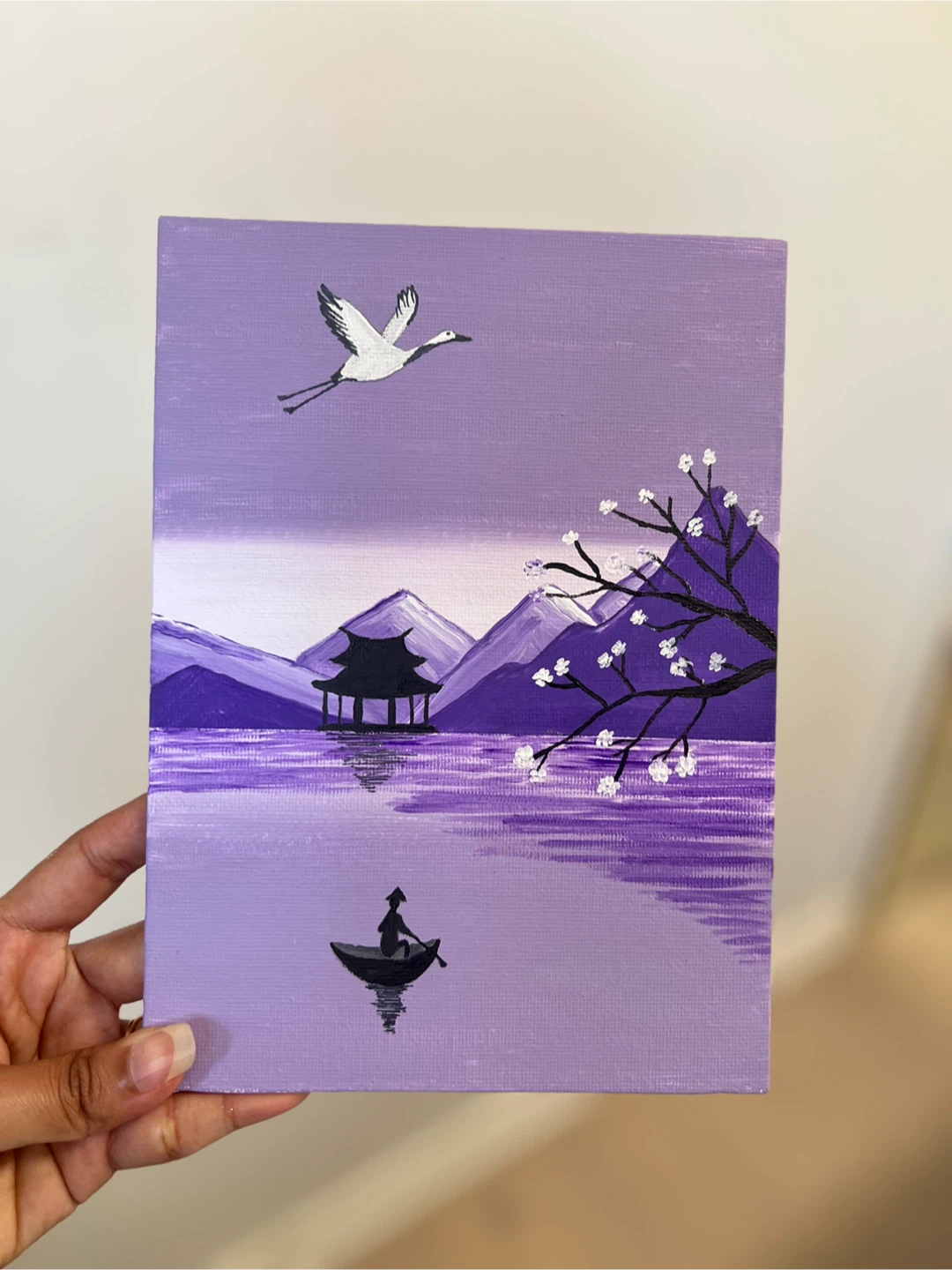 Purple Landscape Painting with Crane and Boat