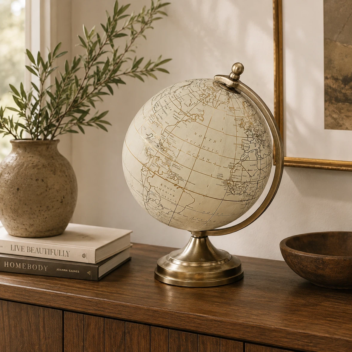 Vintage-Inspired Ivory & Brass Decorative World Globe - photo 2