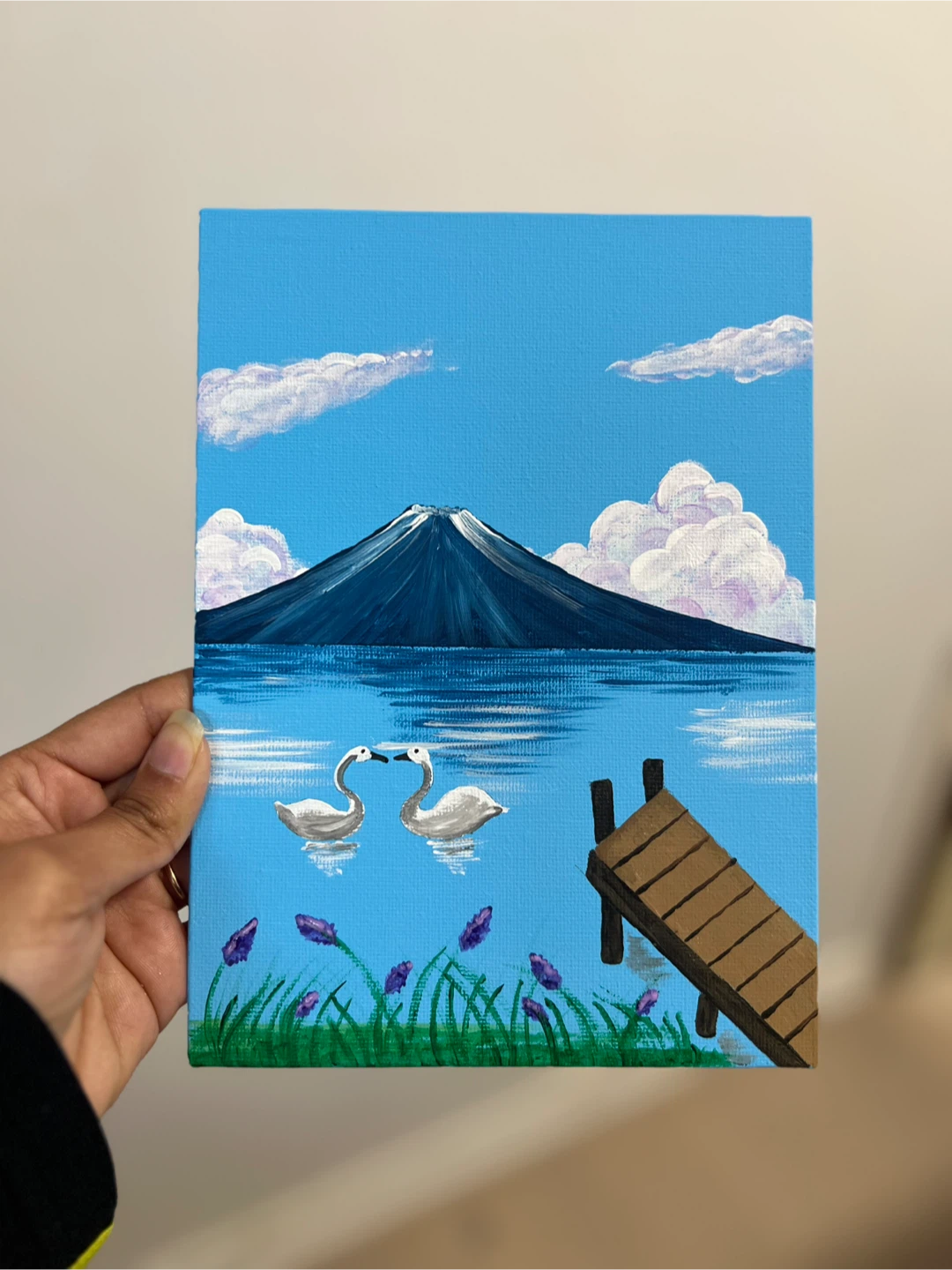 Hand-Painted Canvas Art - Swans, Mountain & Dock Scene