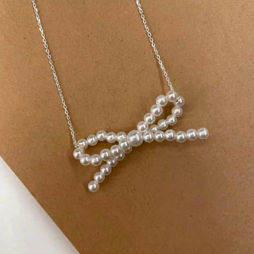 Korean-style ribbon pearl  Collarbone necklace