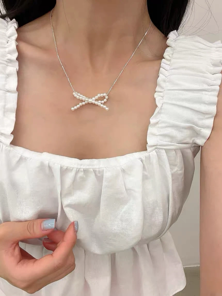 Korean-style ribbon pearl  Collarbone necklace - photo 2