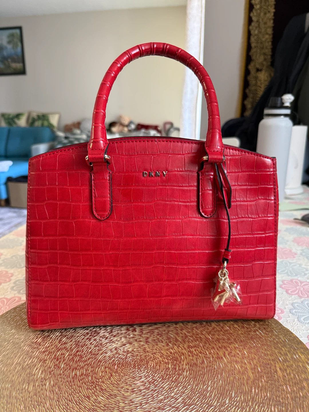 DKNY Red Croc-Embossed Satchel Handbag + Shoulder Strap