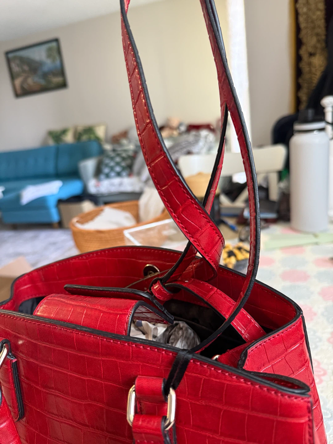 DKNY Red Croc-Embossed Satchel Handbag + Shoulder Strap - photo 5