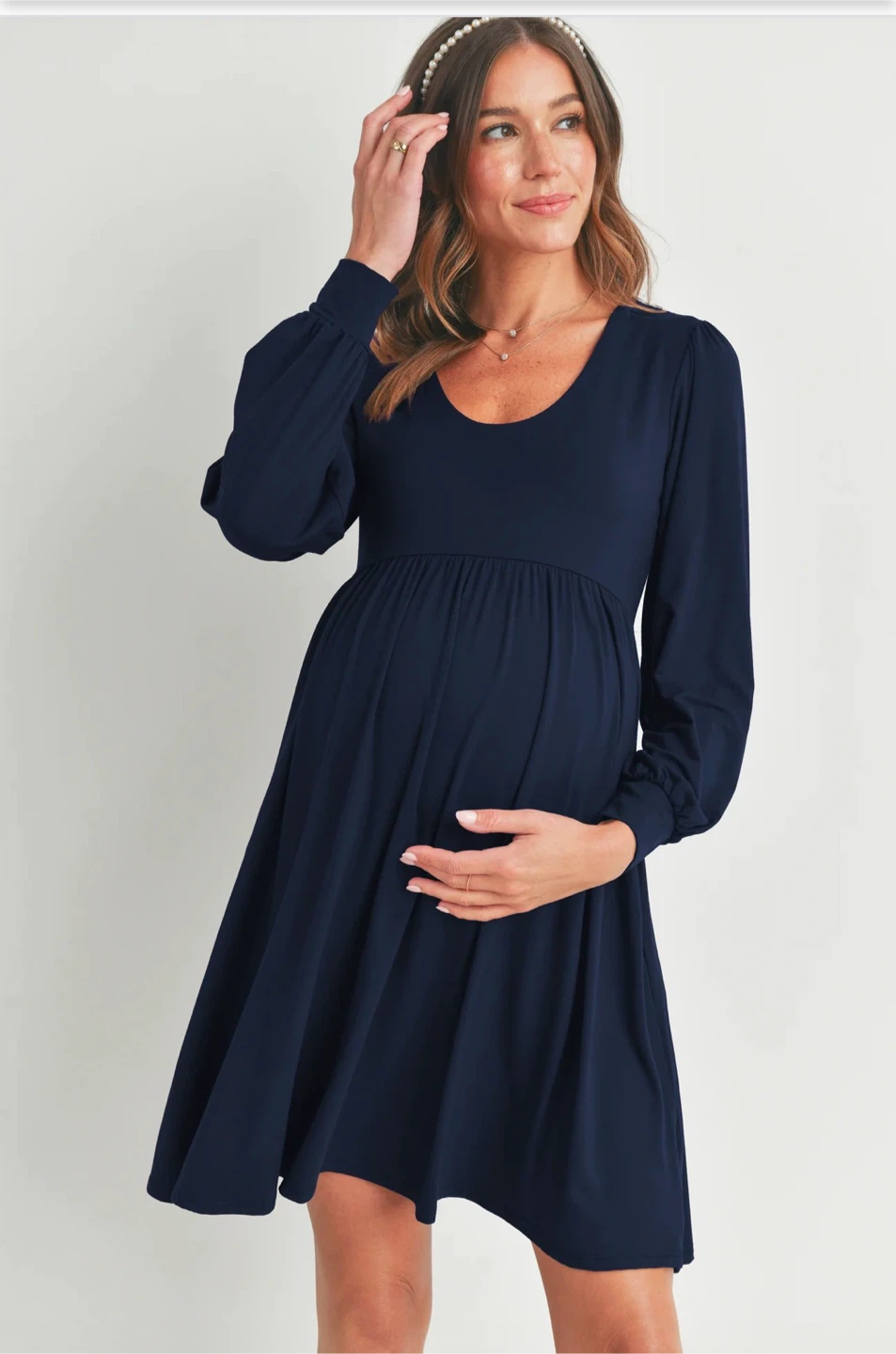 💃 Navy Maternity Dress - Scoop Neck Puffed Sleeve - photo 4