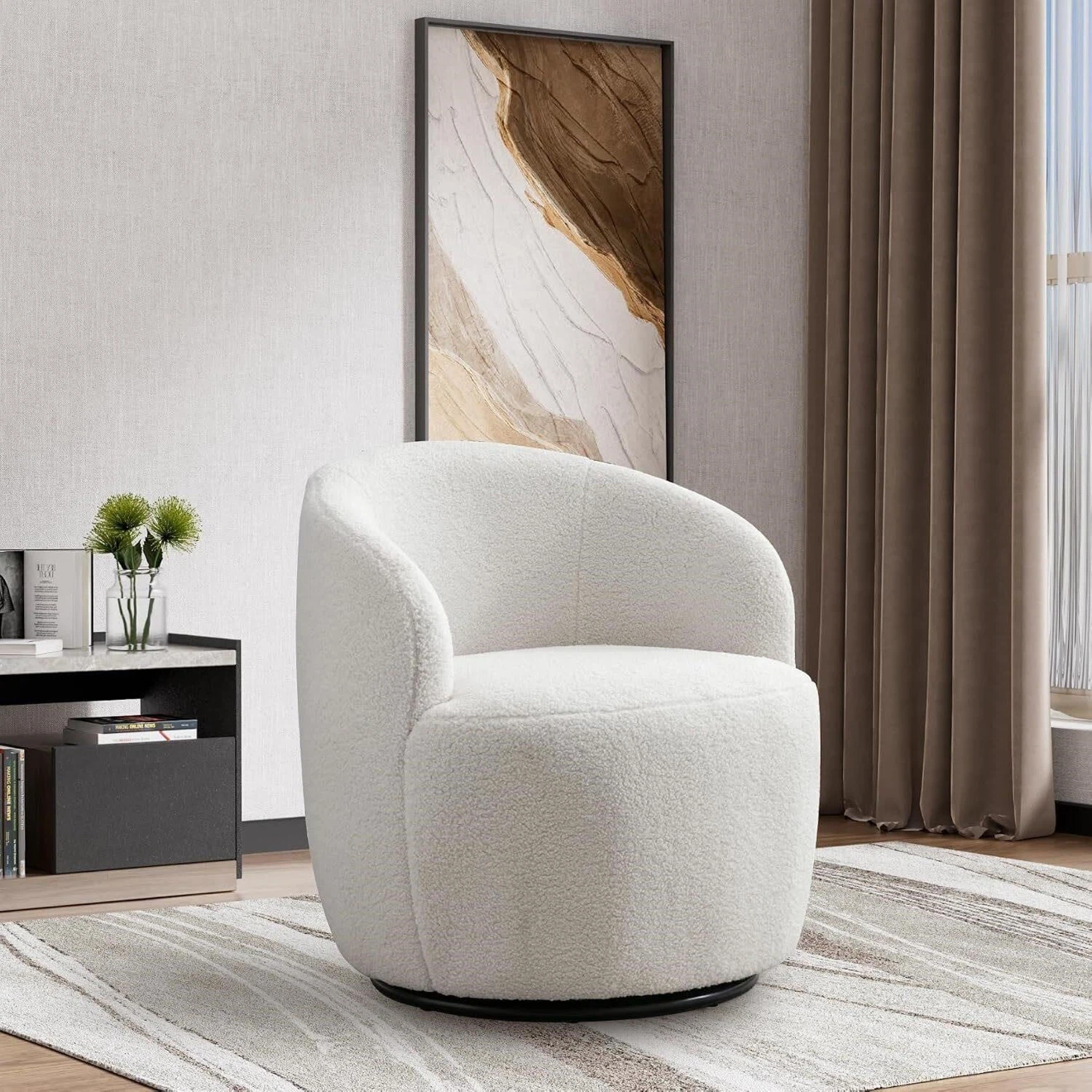 White Boucle Accent Chair with Swivel Base - photo 2