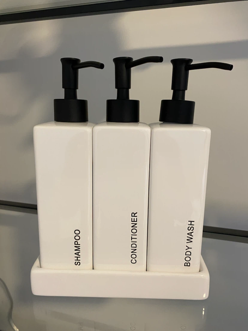 Brand New White Ceramic Soap Dispenser Set with Tray