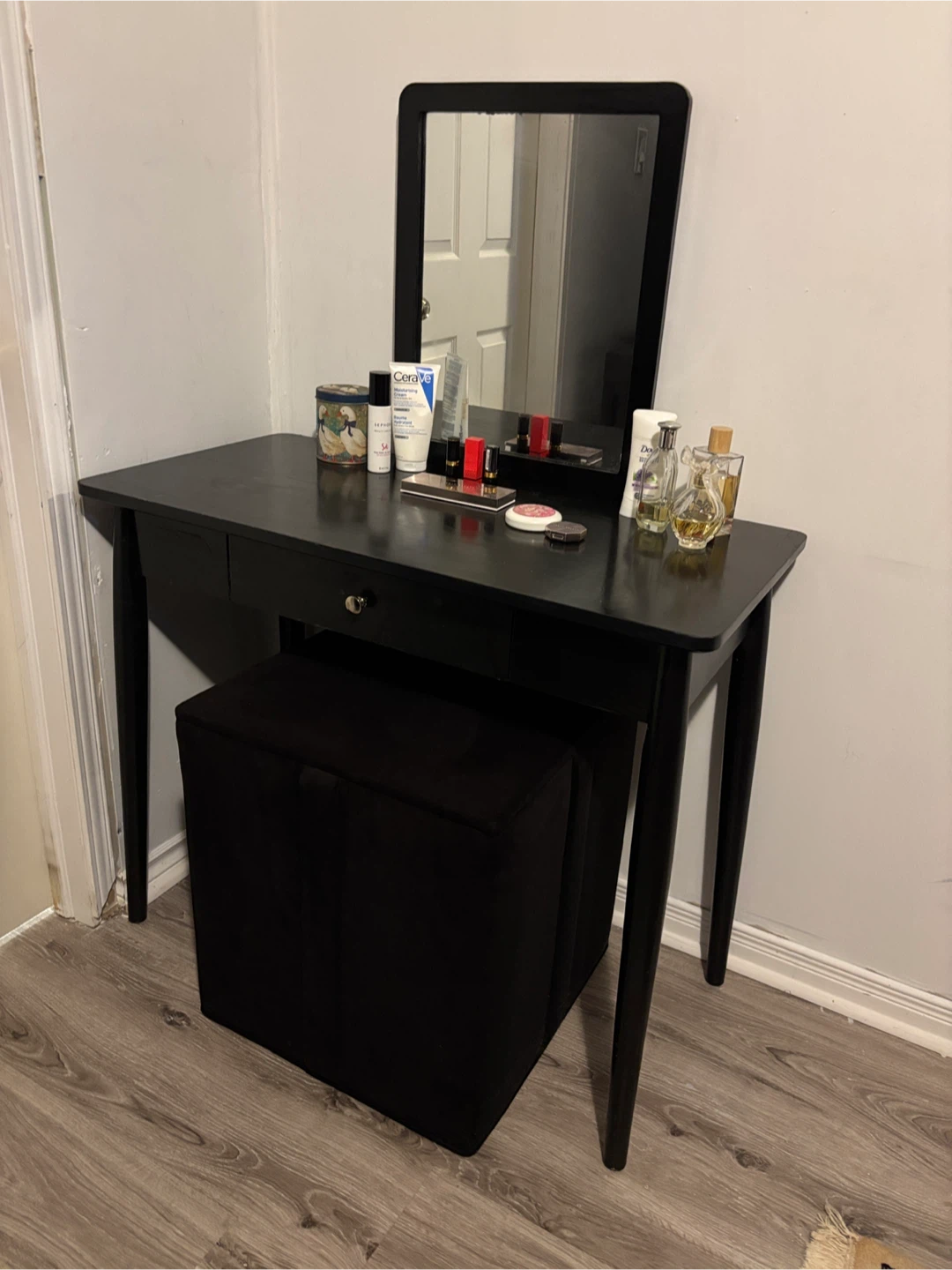 Black Vanity Set with Mirror and Stool