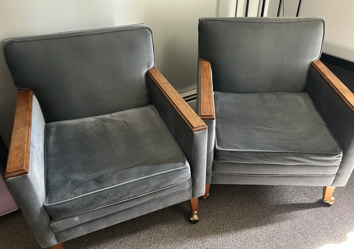 Set of Two Blue Grey Velvet Armchairs