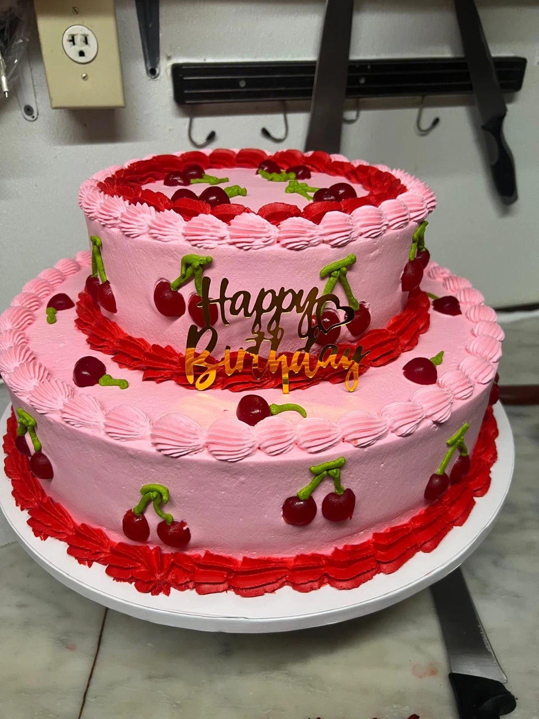 Two-Tier Happy Birthday Cake with Cherries