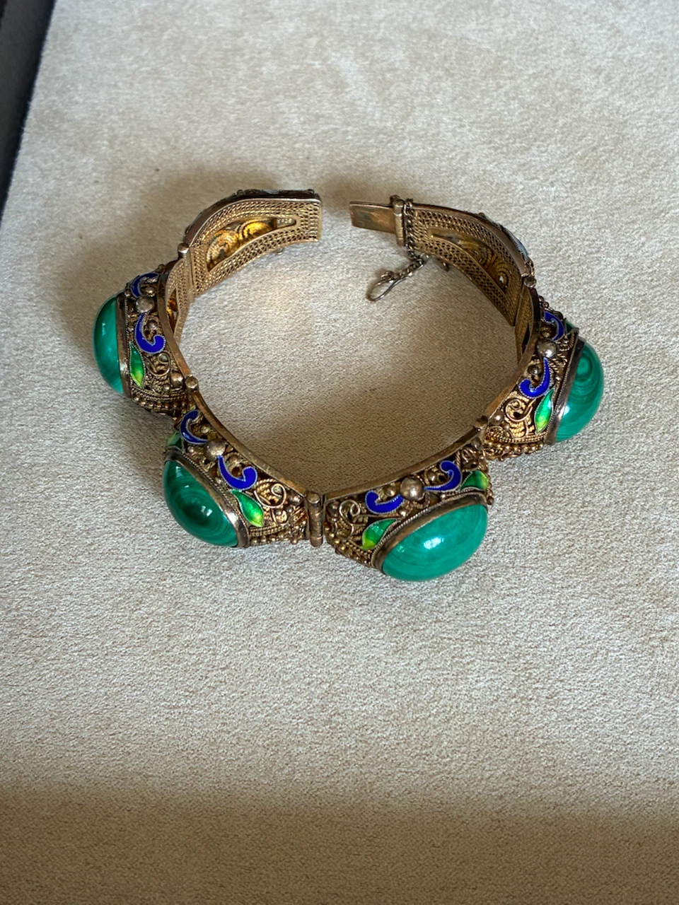 Vintage Chinese Filigree Malachite Enamel Bracelet