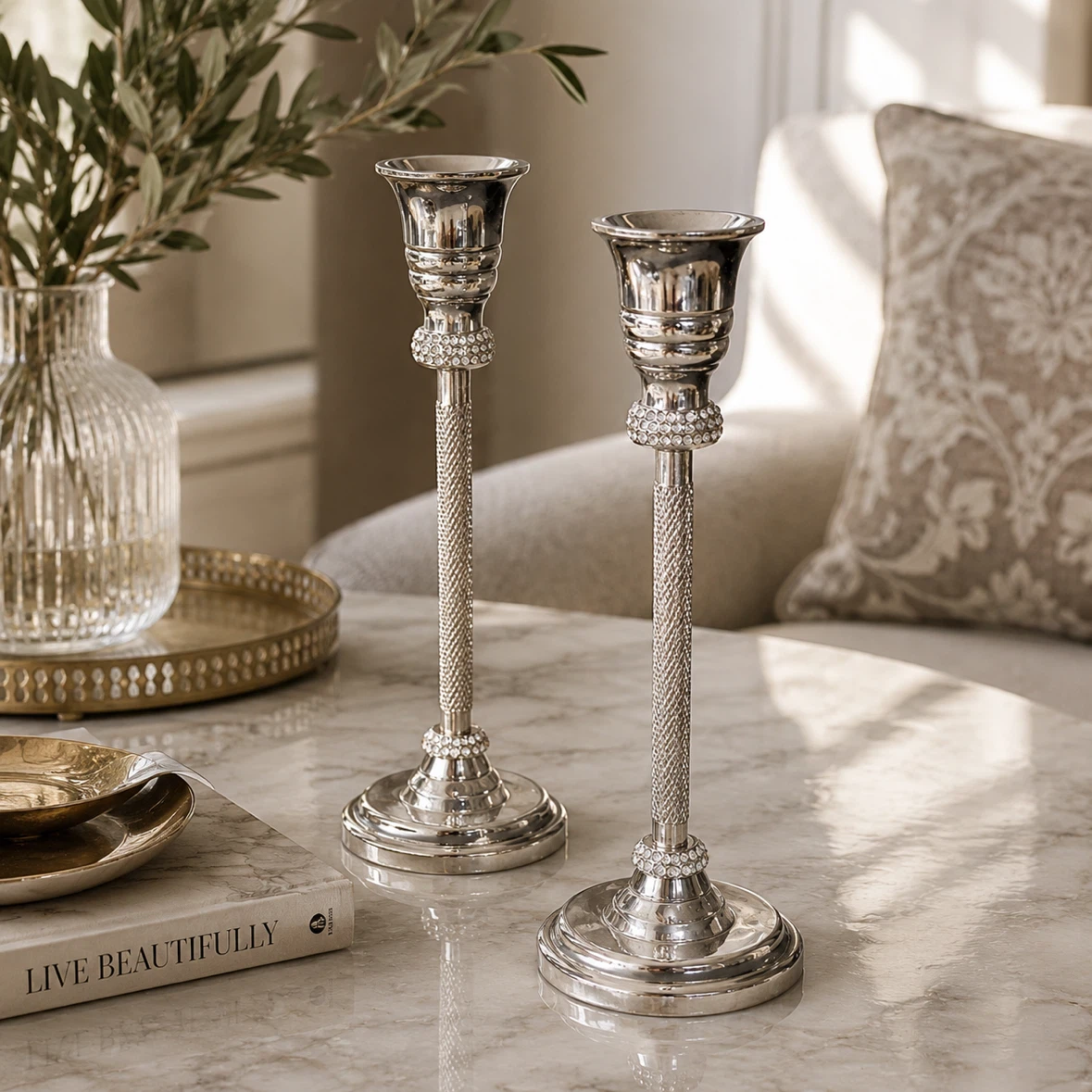 Set of 2 Silver Crystal Accent Candle Holders - photo 2
