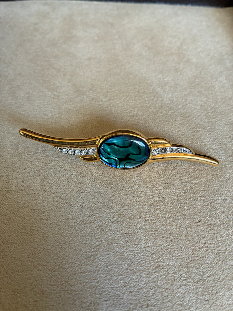 Abalone and Rhinestone Gold-Tone Brooch