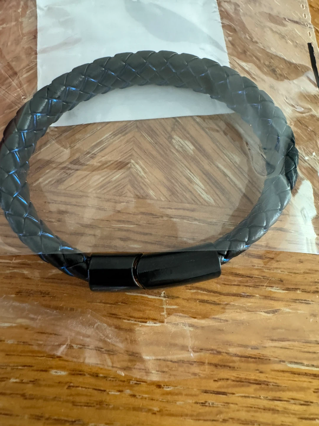Black and Blue Braided Leather Bracelet with Magnetic Clasp
