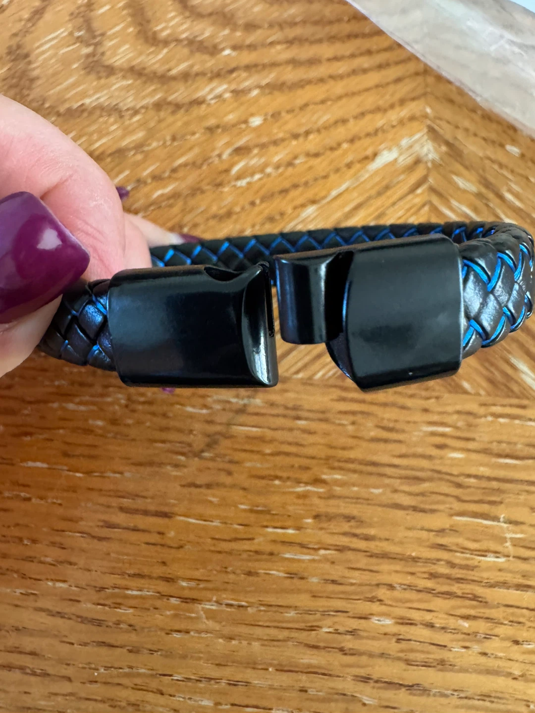 Black and Blue Braided Leather Bracelet with Magnetic Clasp - photo 2