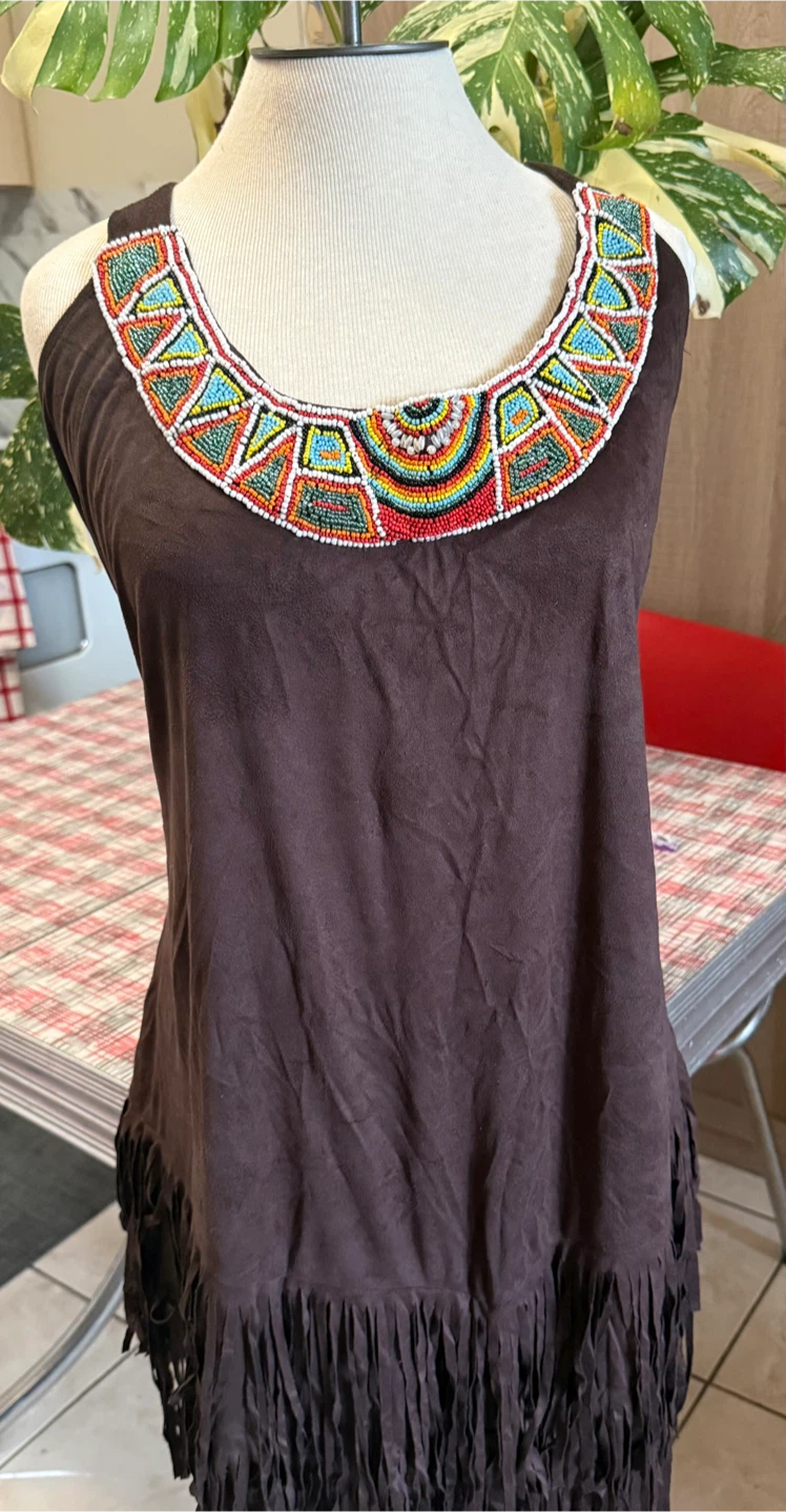 Brown Suede-like Top with Beaded Neckline and Fringed Hem