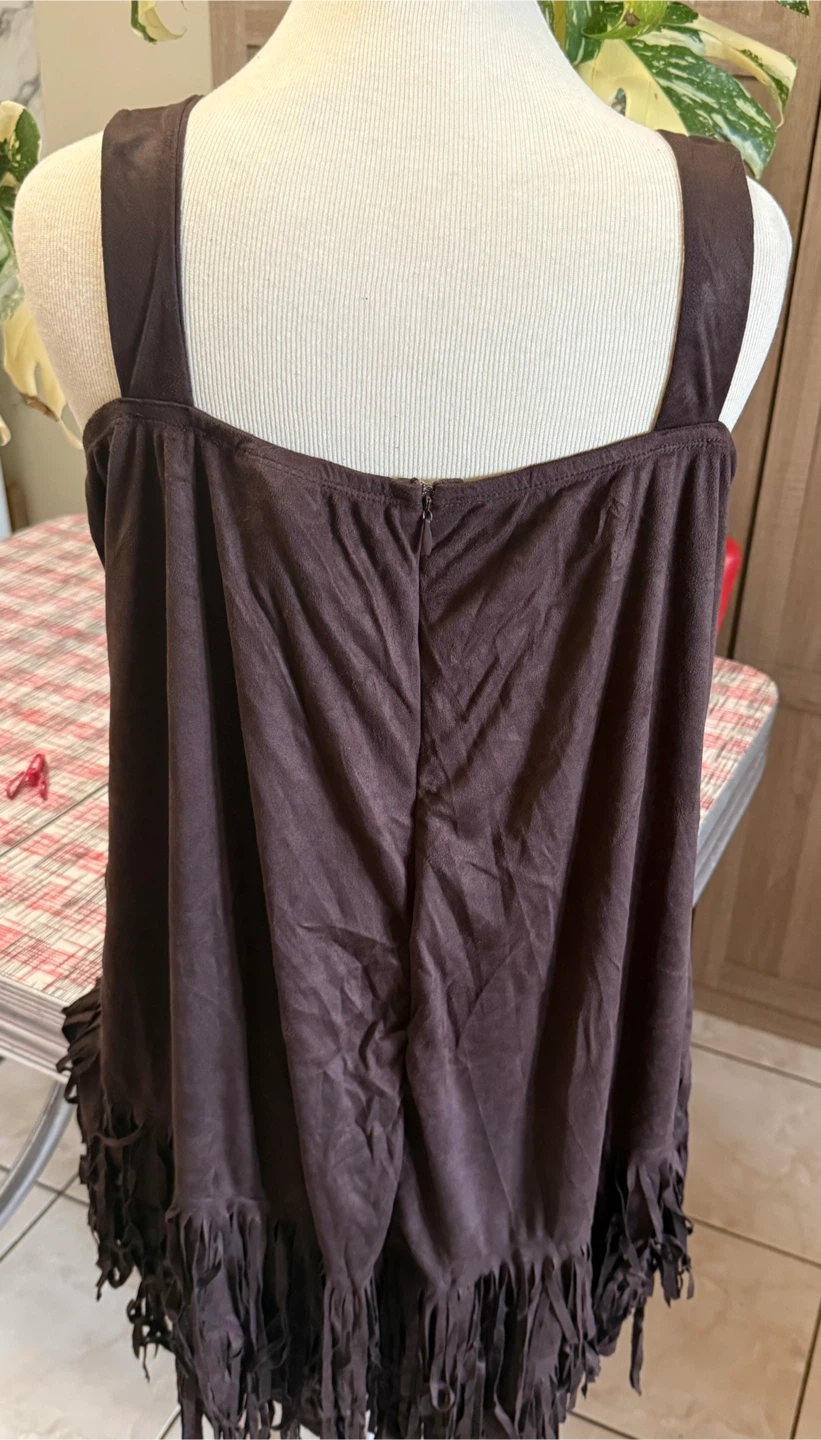 Brown Suede-like Top with Beaded Neckline and Fringed Hem - photo 3