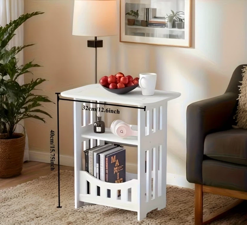 White 2-Tier Side Table with Storage