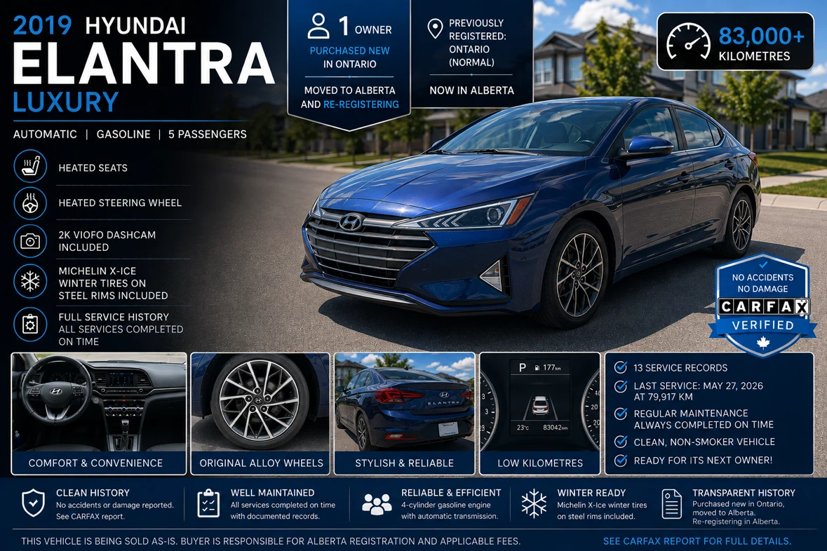 2019 Hyundai Elantra Luxury | Clean Carfax | Low Kilometres