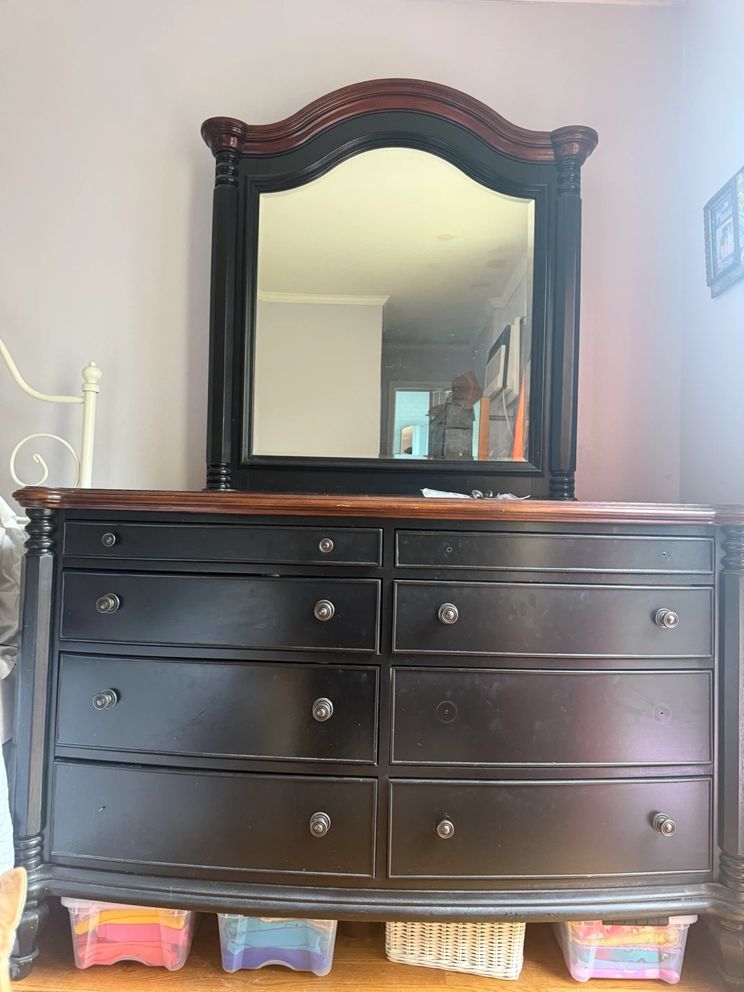 Solid wood Black Dresser with Mirror and Extra Knobs