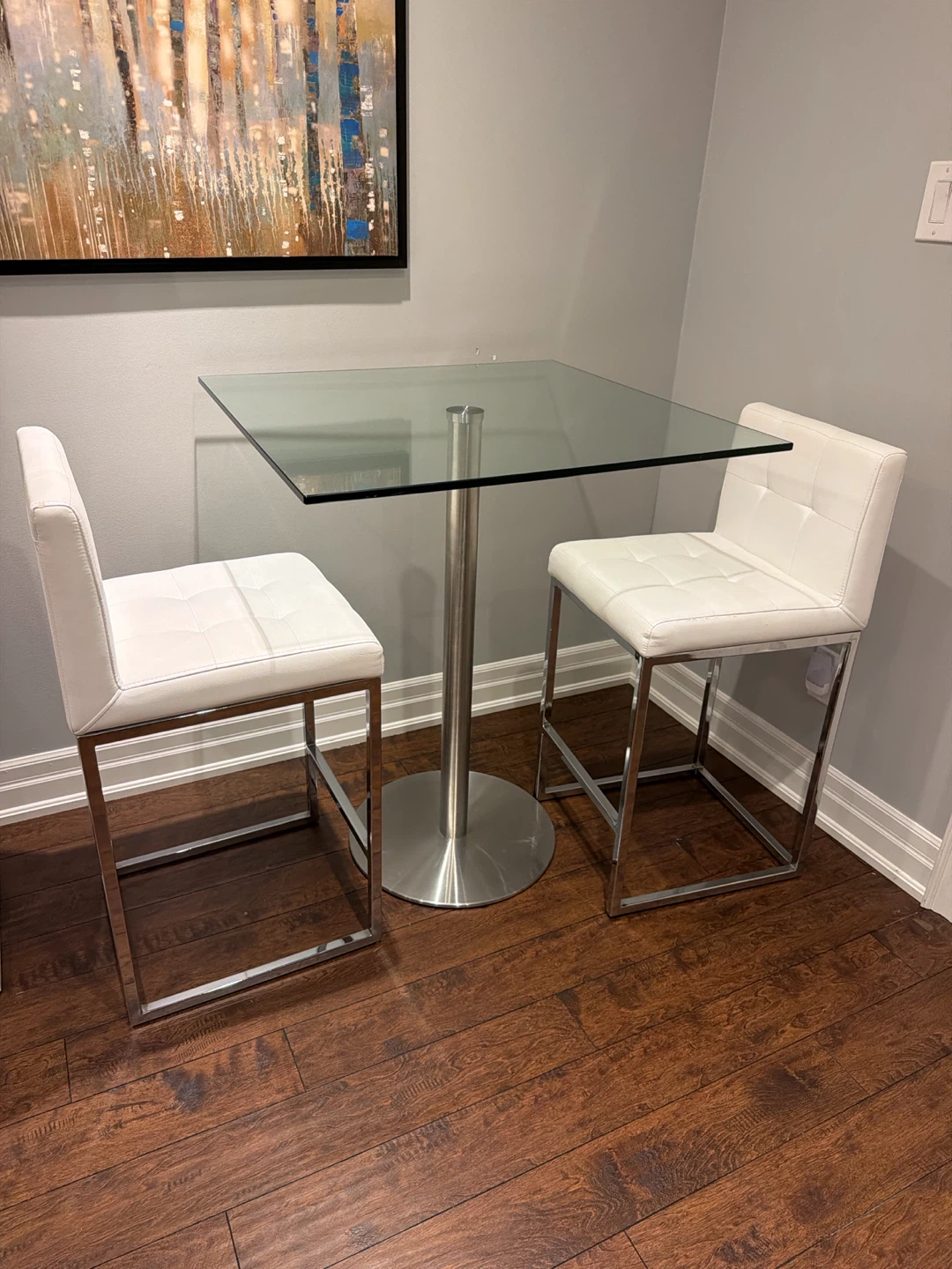 Glass Square Counter Height Table with 2 White Bar Stools