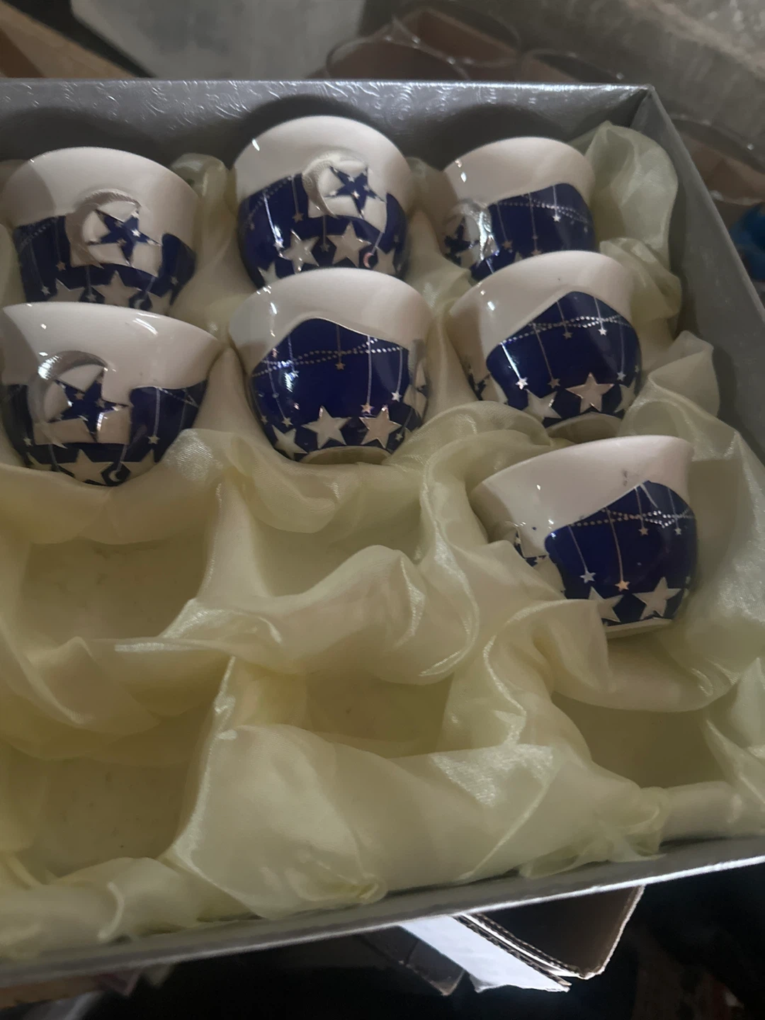 Set of 6 Blue and White Star Pattern Espresso Cups