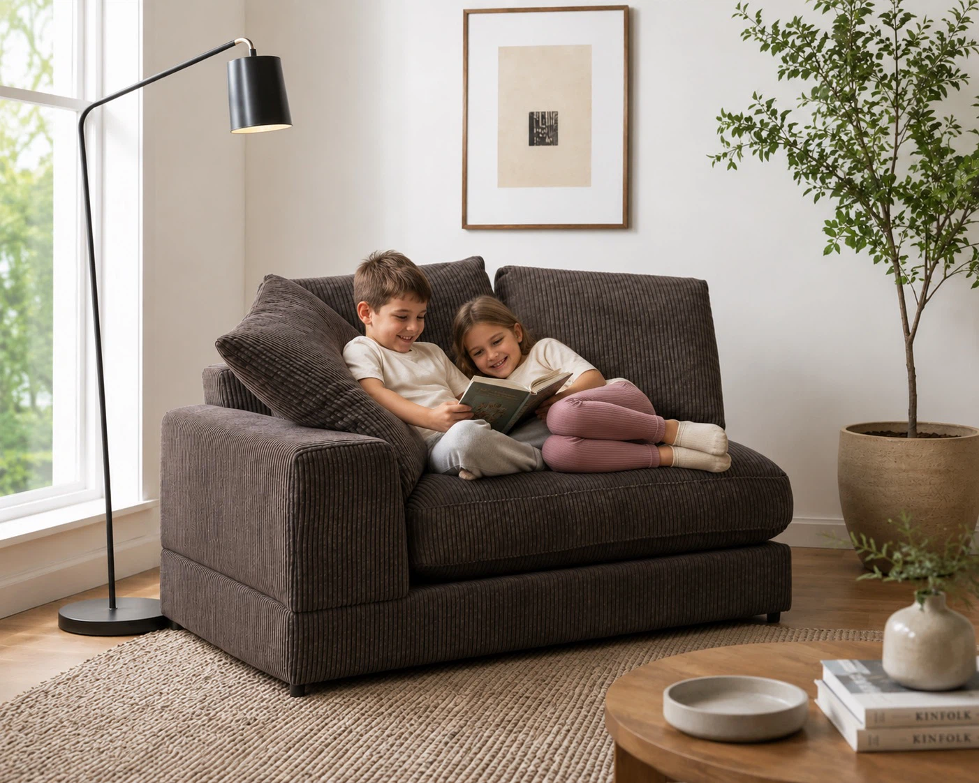 Brand new Moe’s left facing Plunge 3 seater in charcoal corduroy