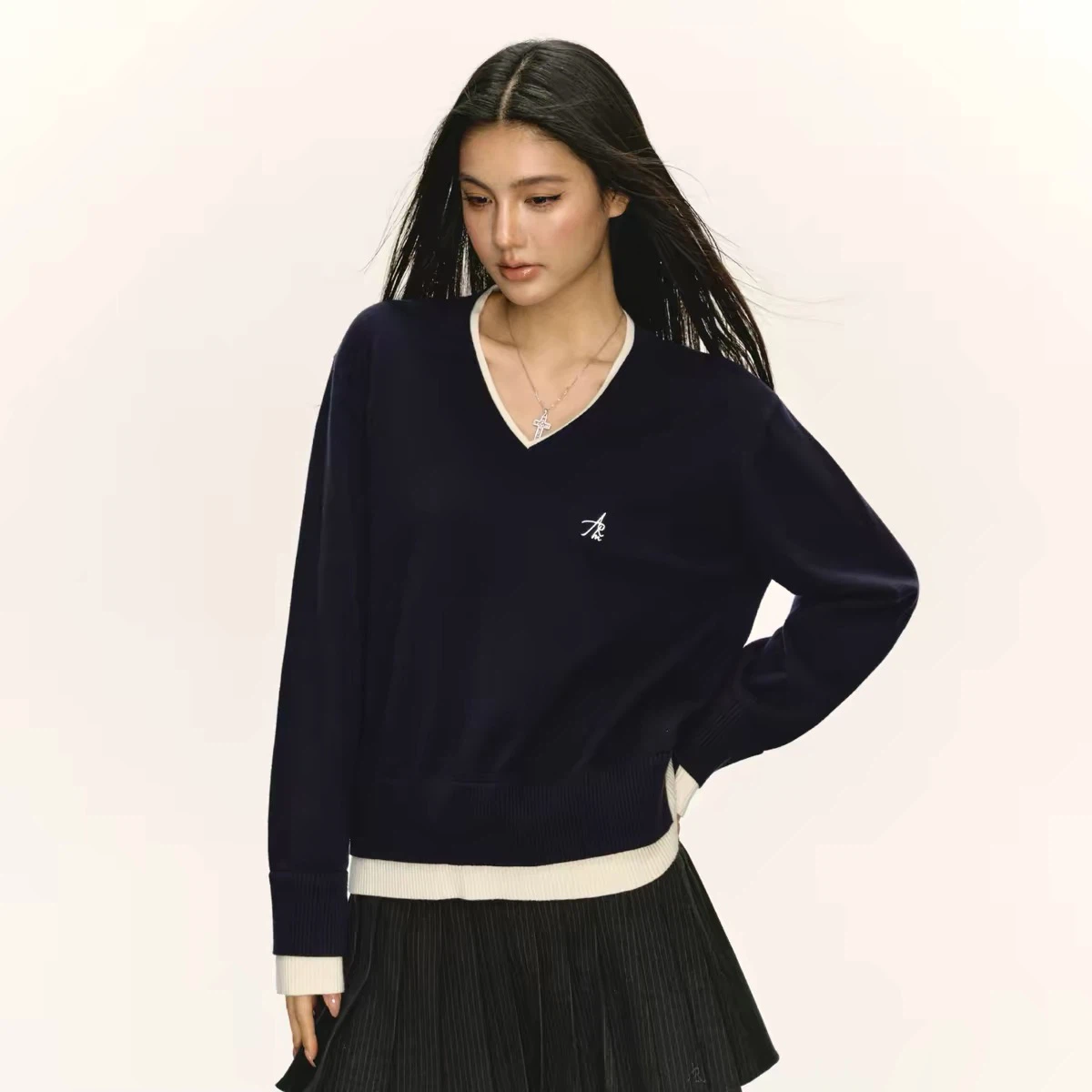 Black V-neck Velour Sweater with Cream Trim