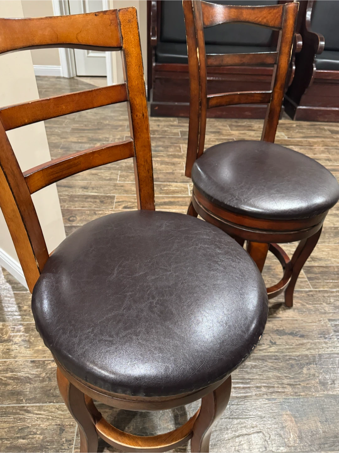 Swivel Bar Stool - Brown Leather Seat, Wood Frame