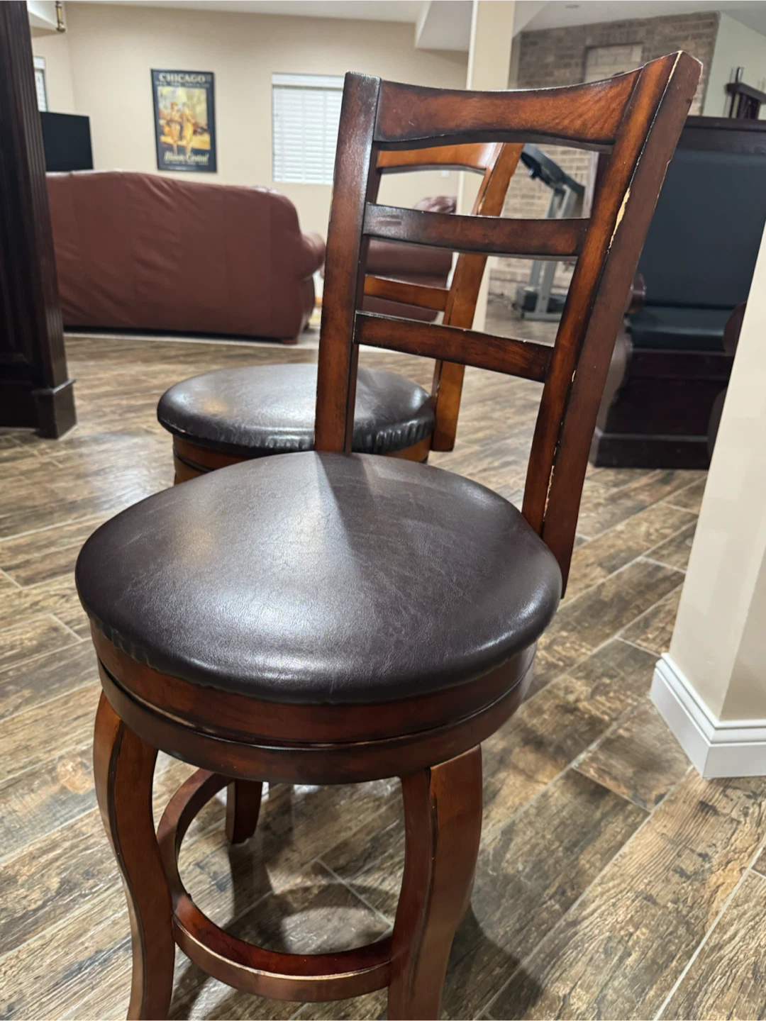 Swivel Bar Stool - Brown Leather Seat, Wood Frame - photo 2