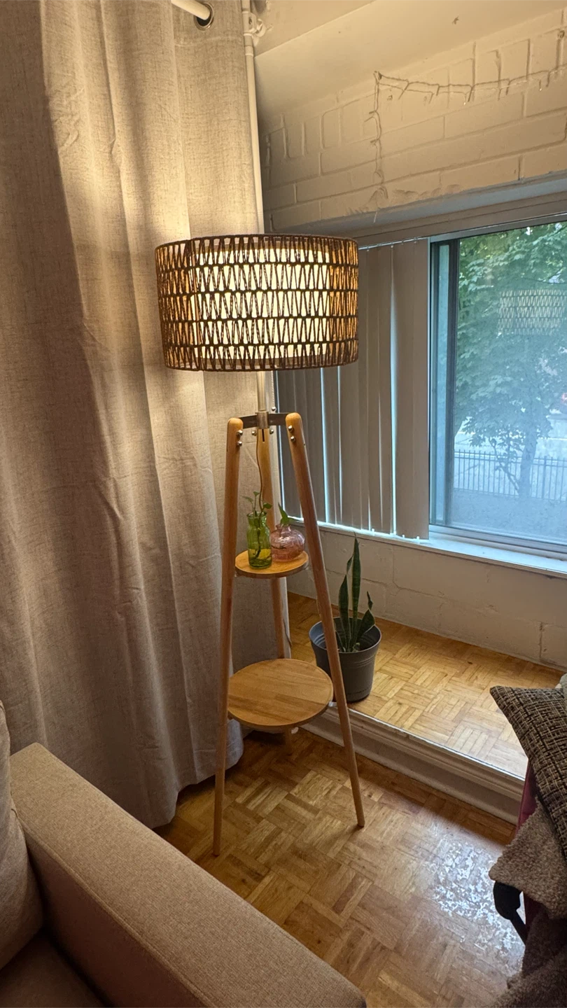 Wooden Tripod Floor Lamp with Shelves